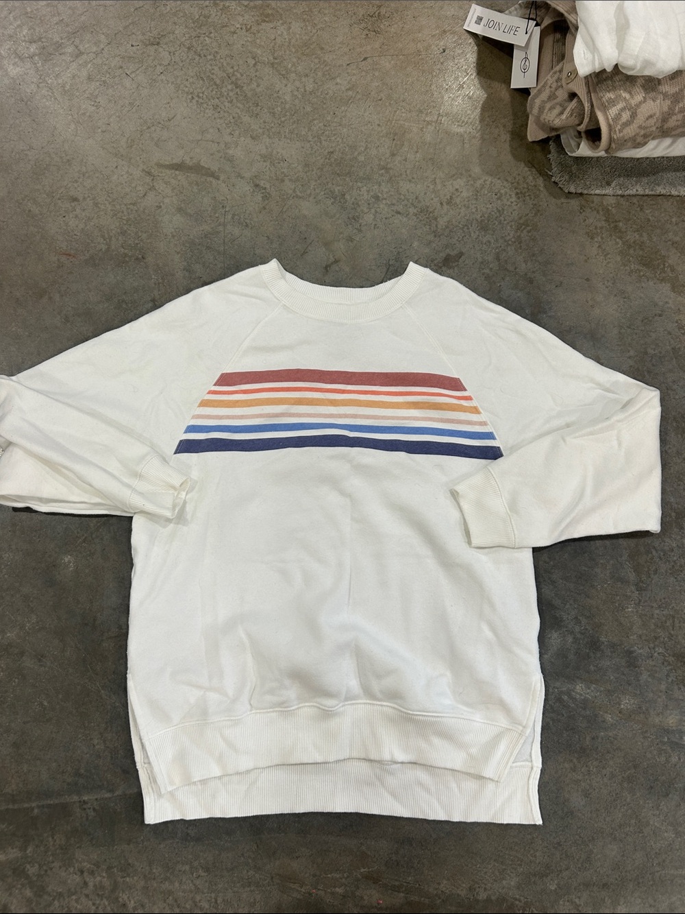 Women’s White Crewneck Sweater with Multi-Color Stripe